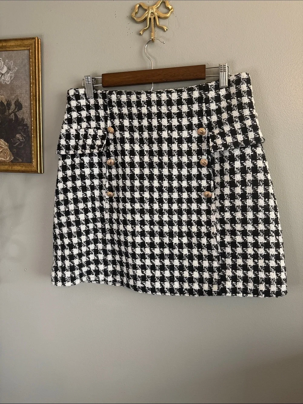 Mi Ami Tweed Houndstooth Mini Skirt Gold Button Black White Size Large